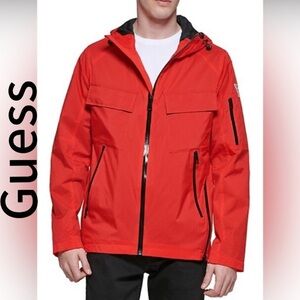 Guess Red Raincoat with Full Zip and Stand Up Collar